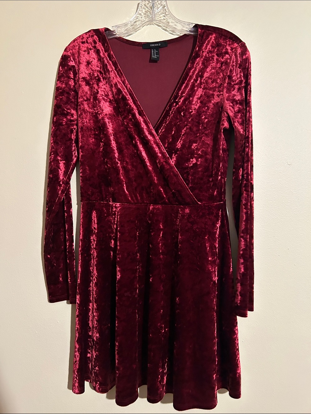 Forever 21 Burgundy Velvet Long-Sleeve Wrap Skater Dress